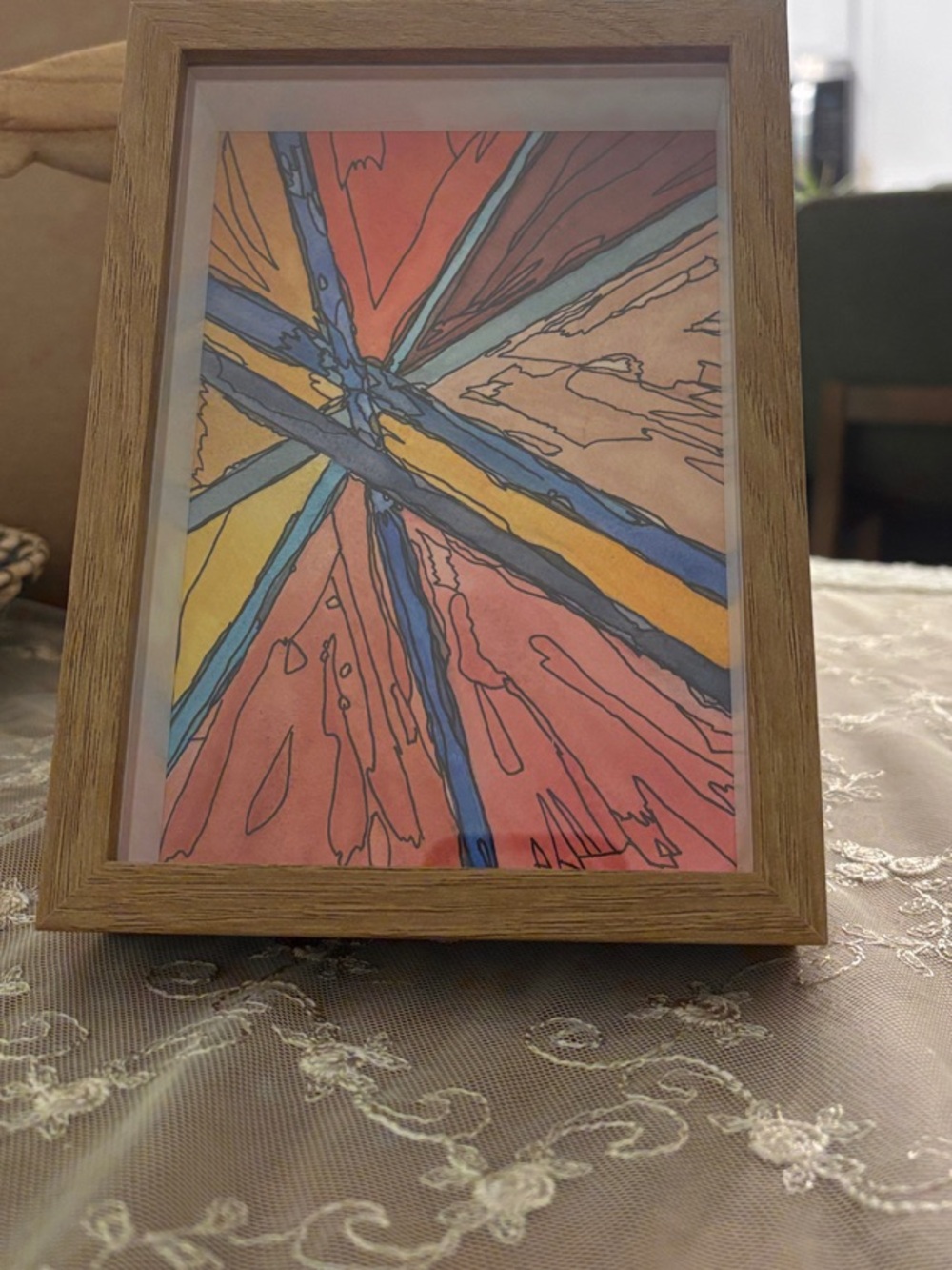 Handmade Abstract Art in Wood Frame - Coral, Blue, Yellow